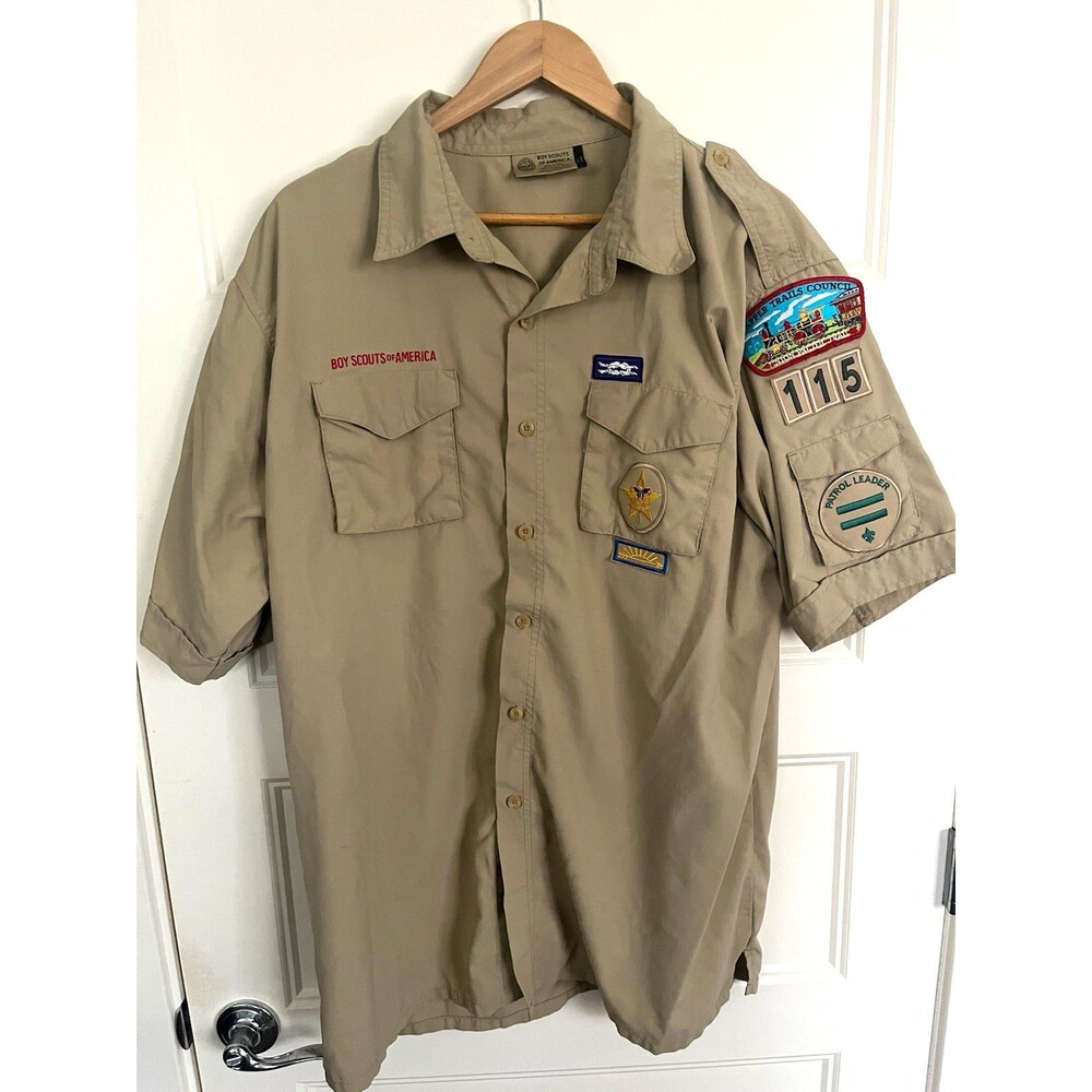 Boy Scouts of America Shirt Men XL Tan Uniform Trapper Trails Train Patch 115